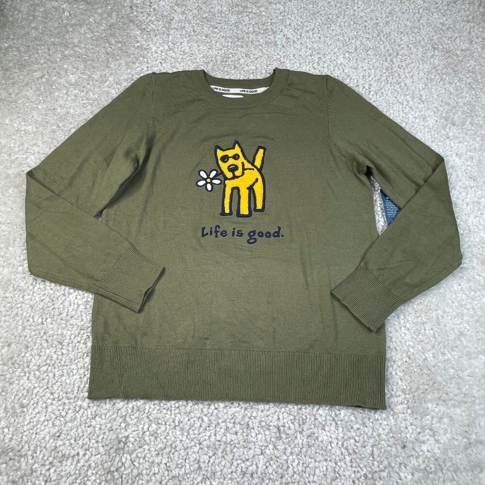 Life Is Good Green Crewneck Sweater Yellow Dog Daisy Womens Small